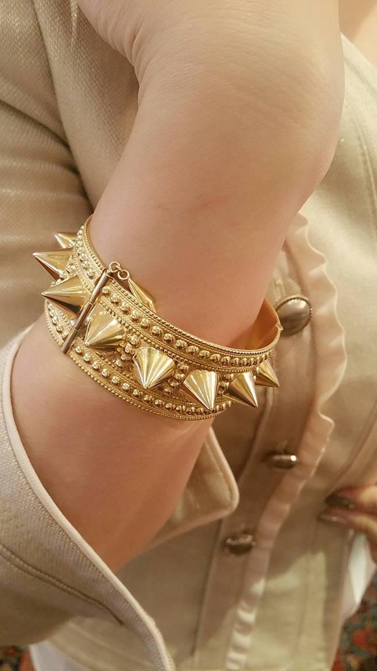 Wide Spiked Gold Cuff Bangle Bracelet For Sale 3