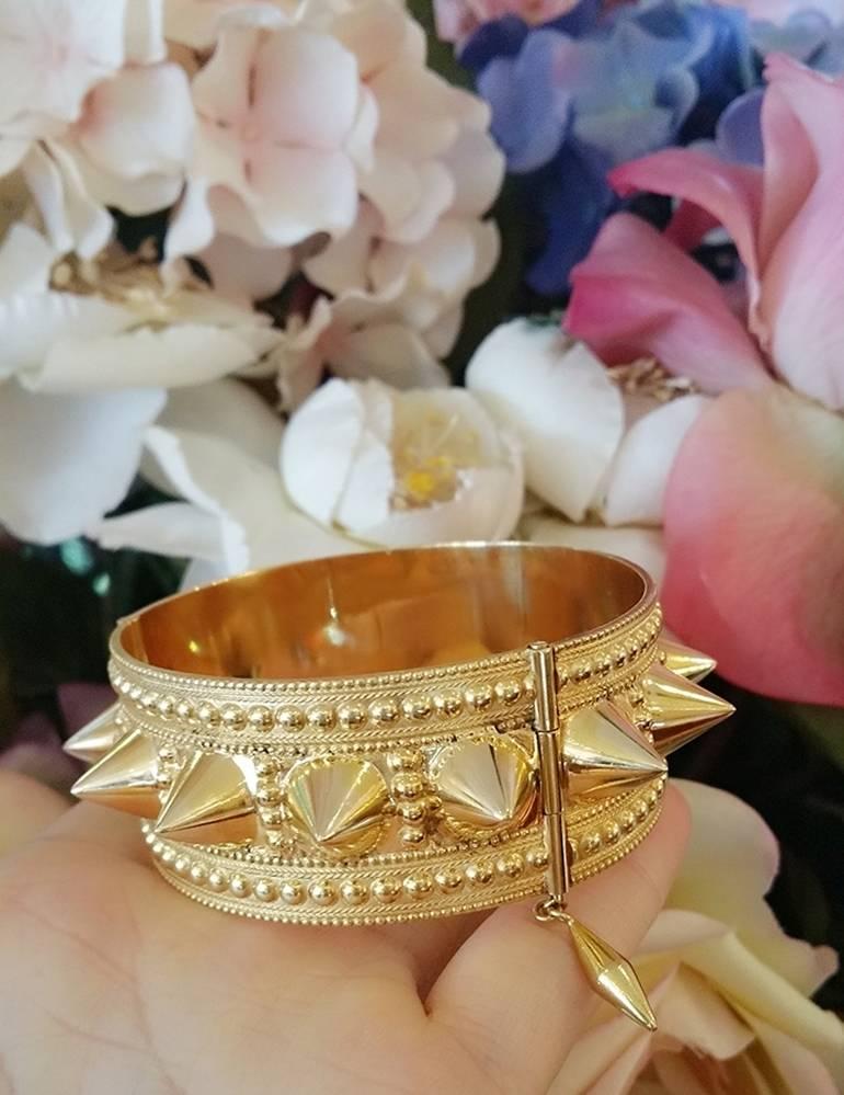 Wide Spiked Gold Cuff Bangle Bracelet For Sale 4