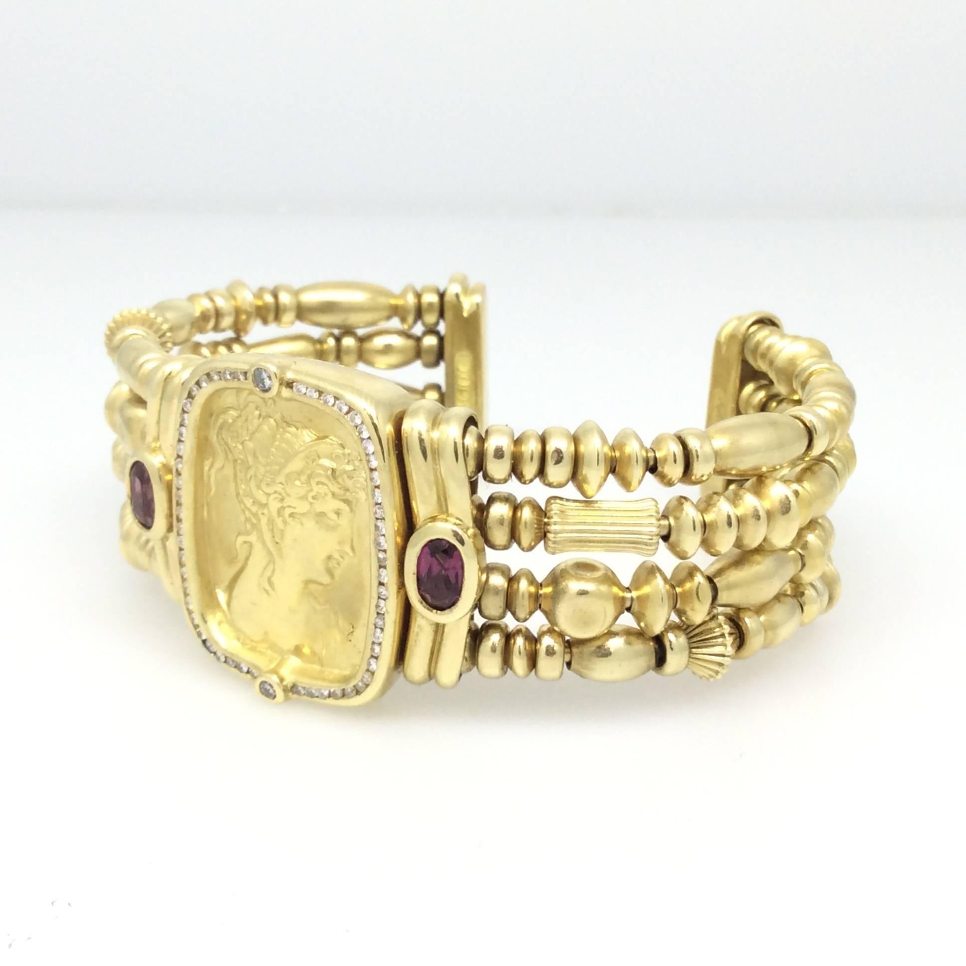 SeidenGang 4 Row Pink Tourmaline Diamond Gold Cuff Bracelet In Excellent Condition For Sale In La Jolla, CA