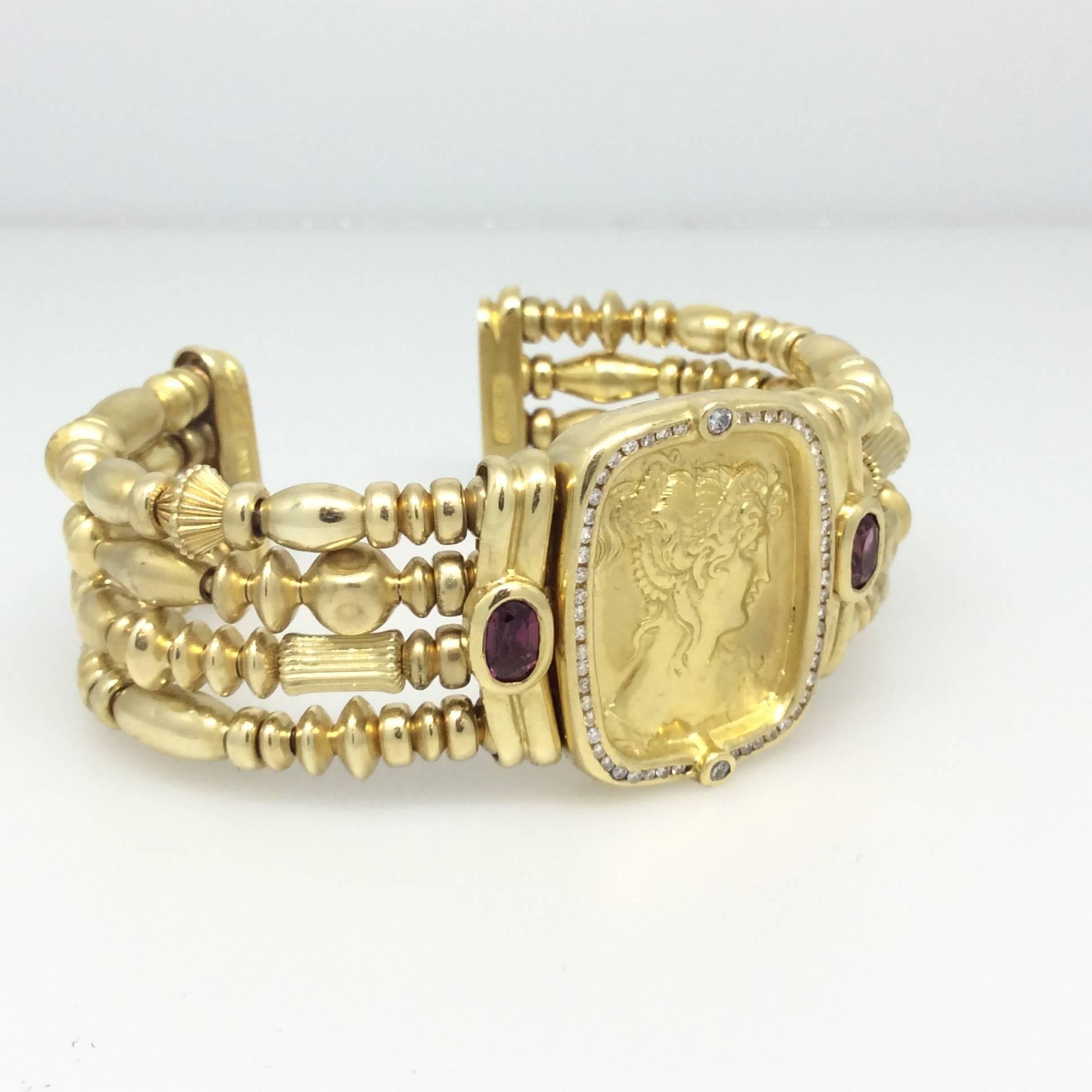 Women's SeidenGang 4 Row Pink Tourmaline Diamond Gold Cuff Bracelet For Sale