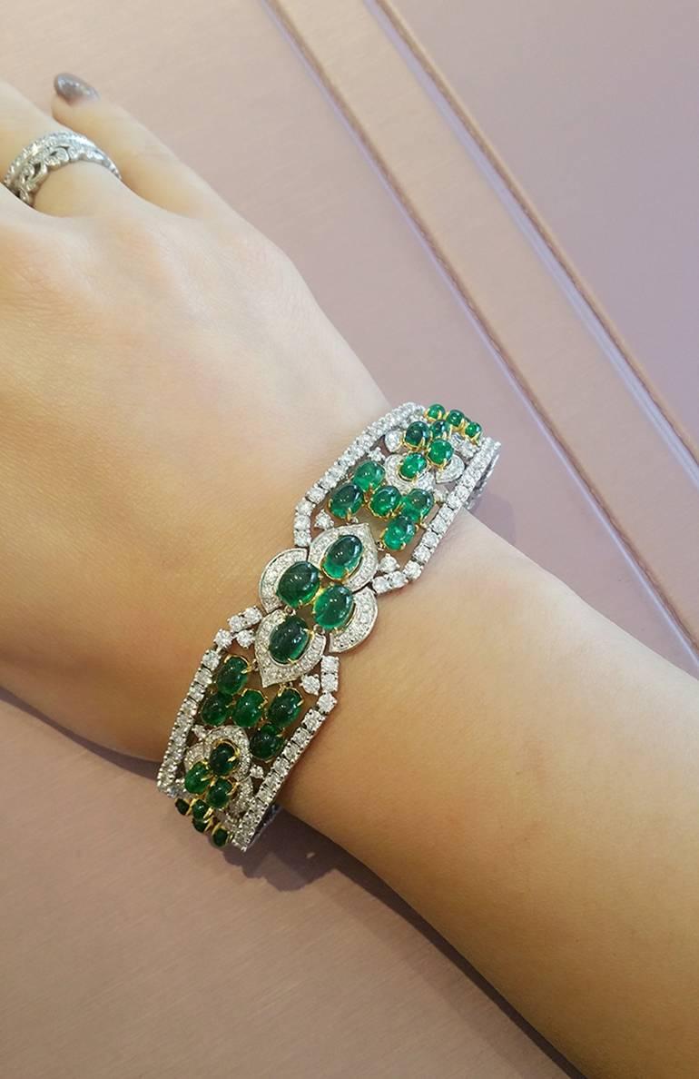 Cabochon Emerald Diamond Two Color Gold Bracelet  For Sale 4