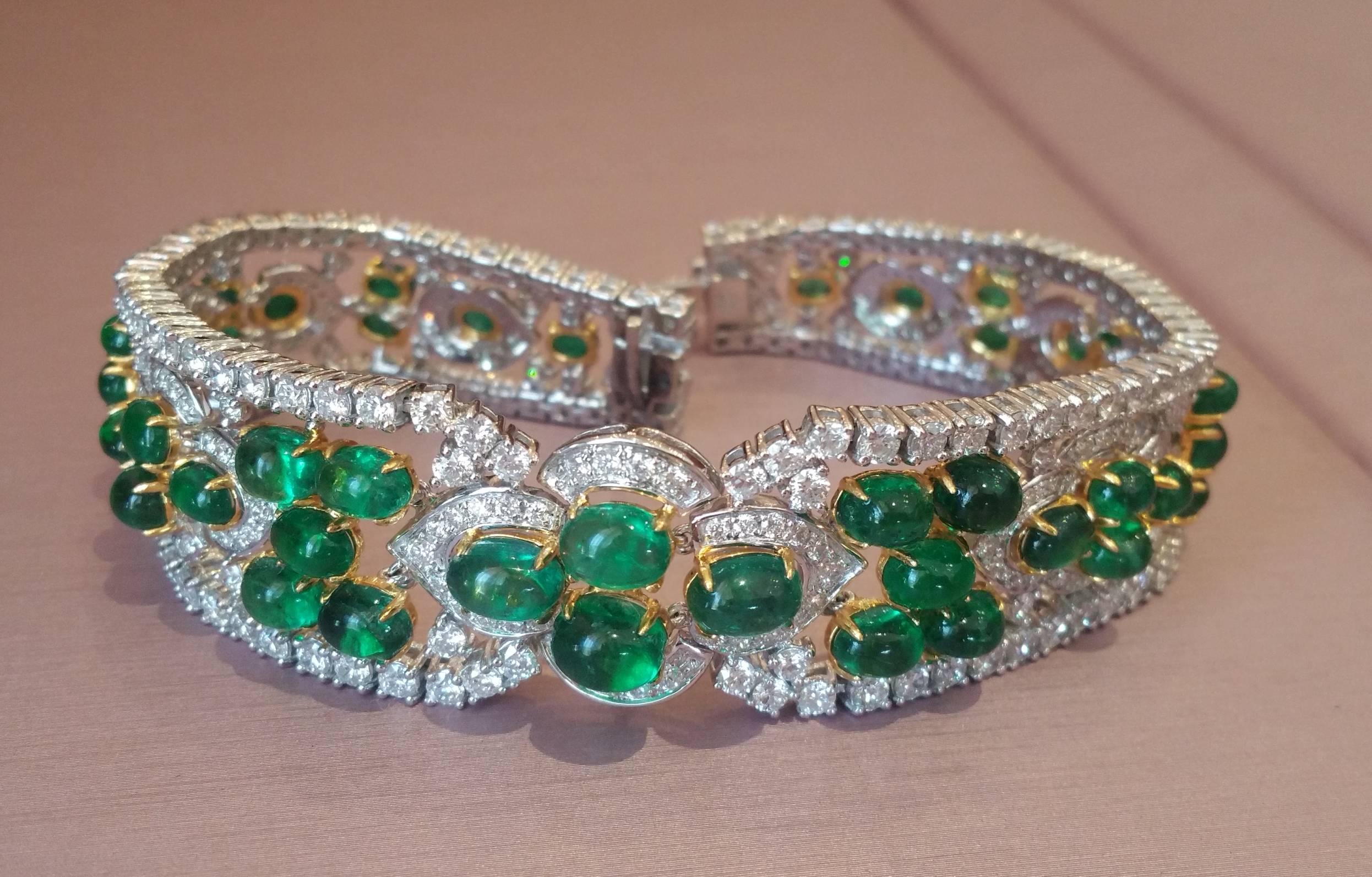 Cabochon Emerald Diamond Two Color Gold Bracelet  In Excellent Condition For Sale In La Jolla, CA