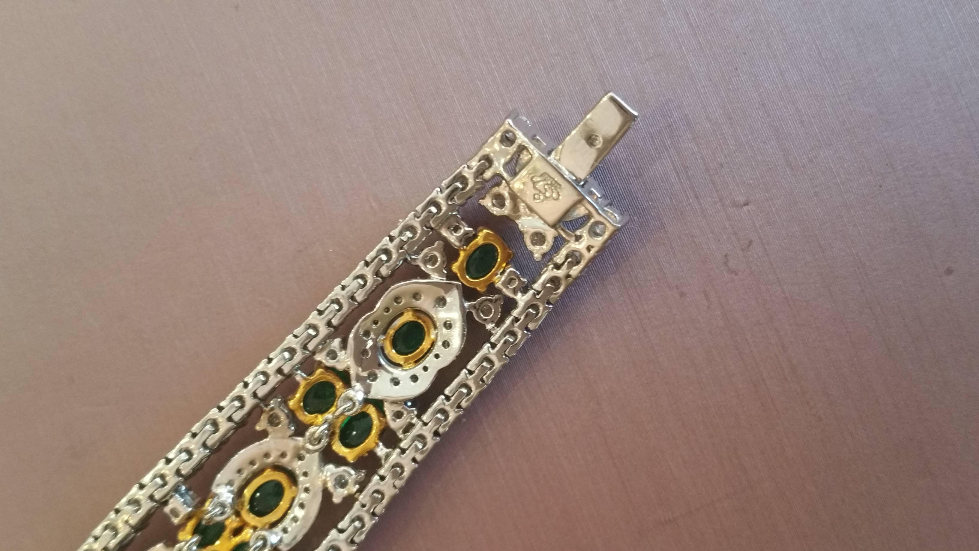 Cabochon Emerald Diamond Two Color Gold Bracelet  For Sale 3