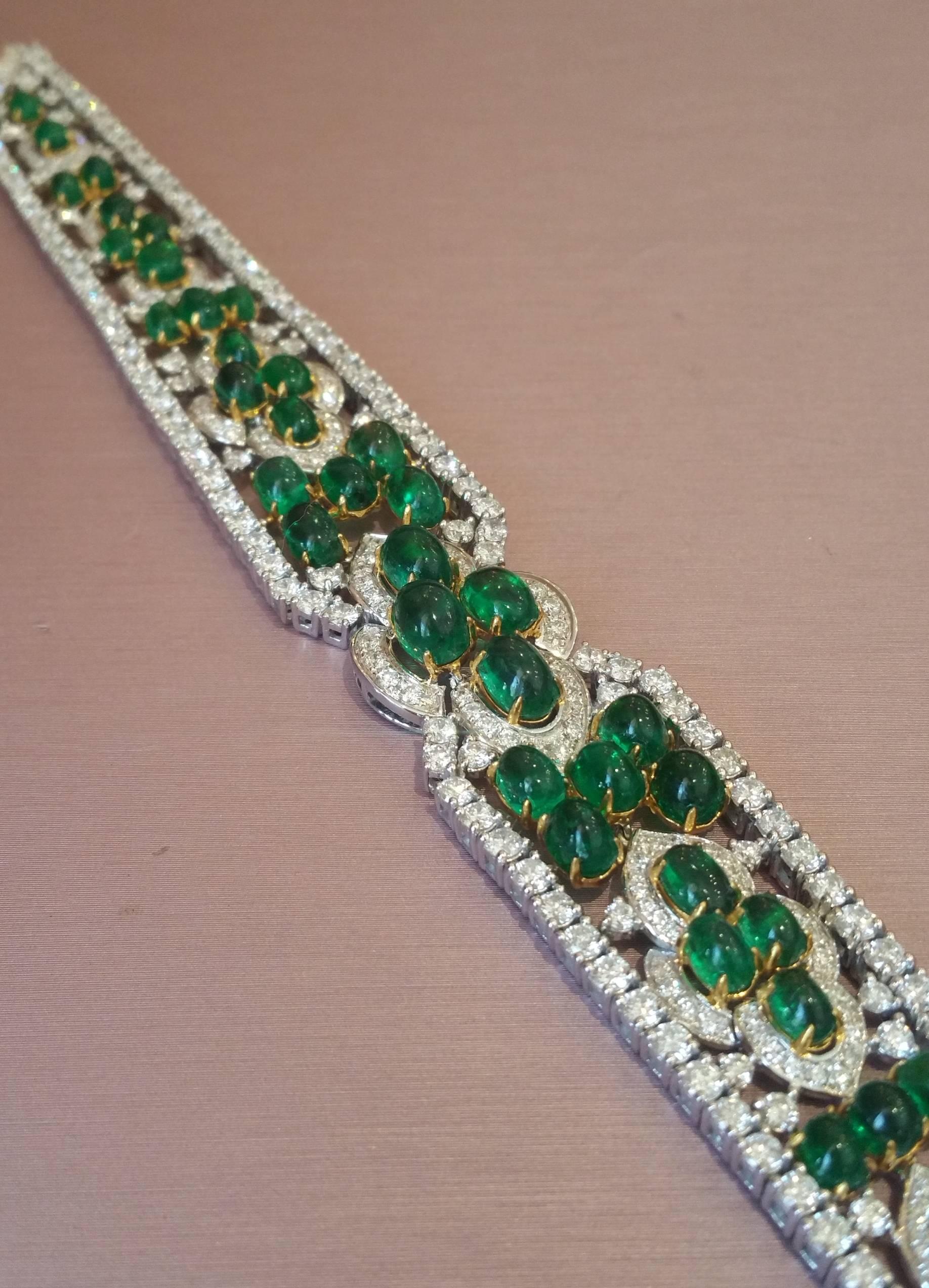 Cabochon Emerald Diamond Two Color Gold Bracelet  For Sale 1