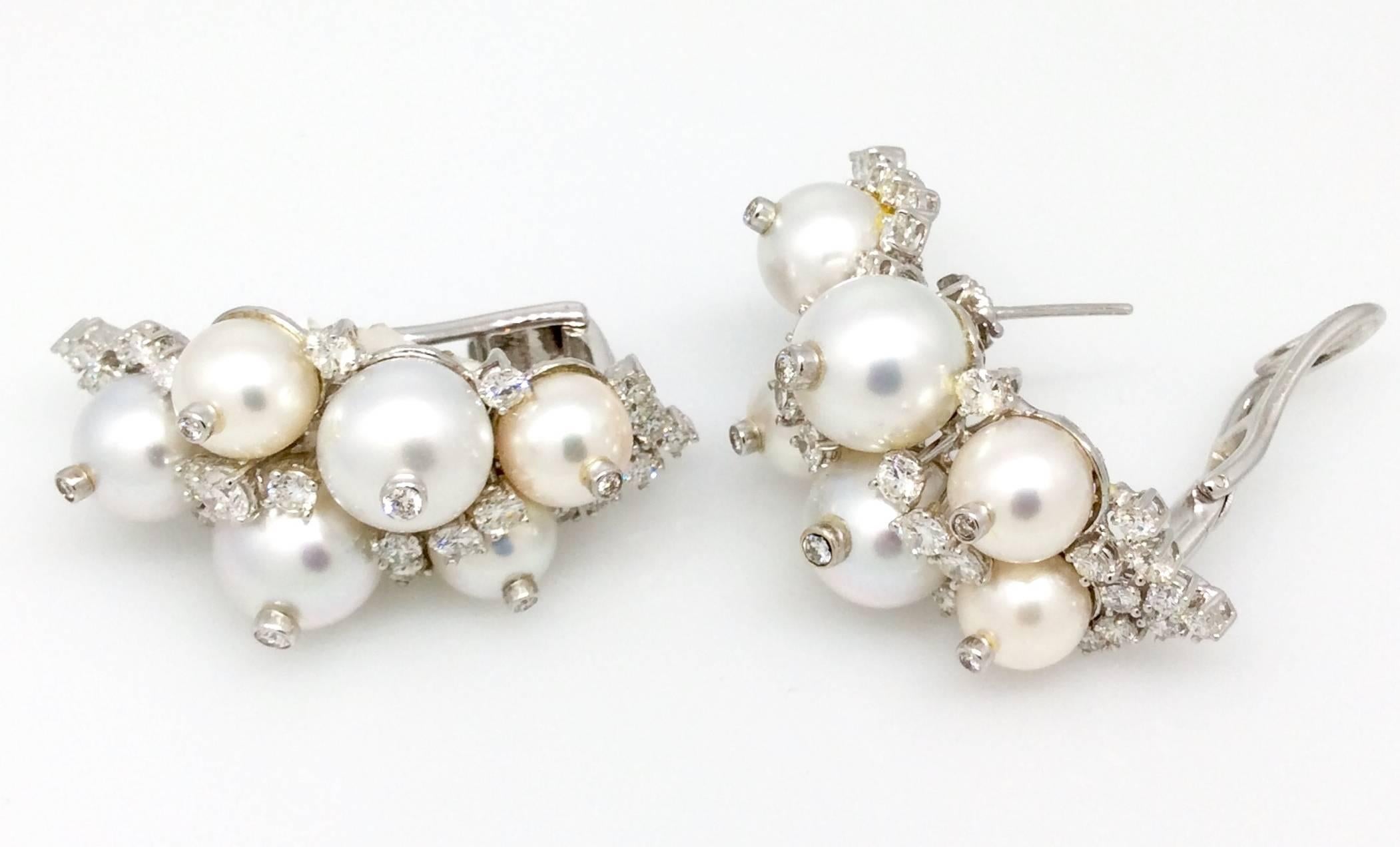 Pearl Diamond Gold Cluster Earrings 2