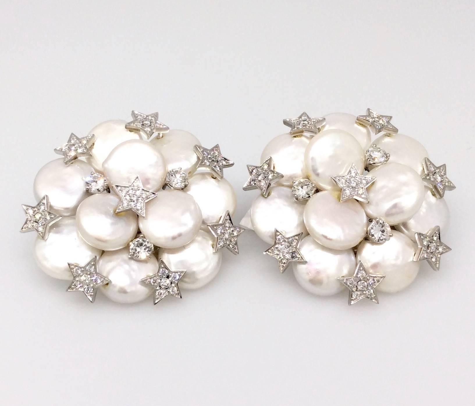  Button Pearl Diamond Gold Cluster Earrings with Diamond Stars 4