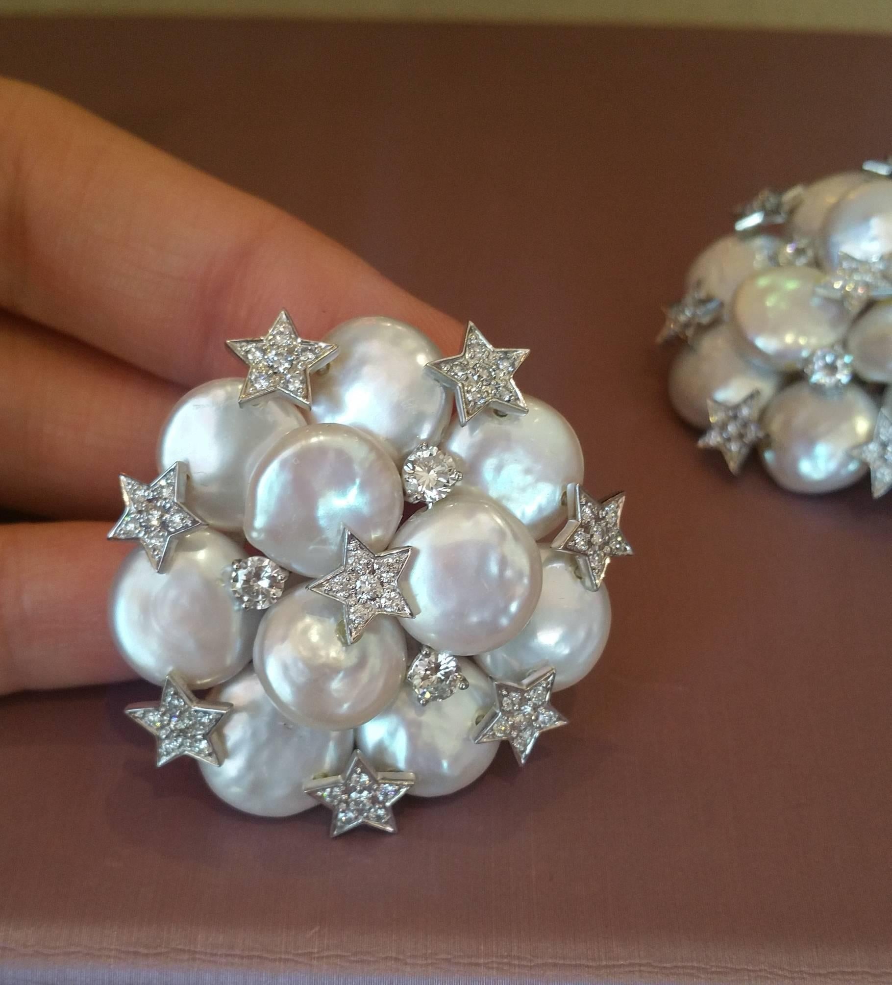 Women's  Button Pearl Diamond Gold Cluster Earrings with Diamond Stars