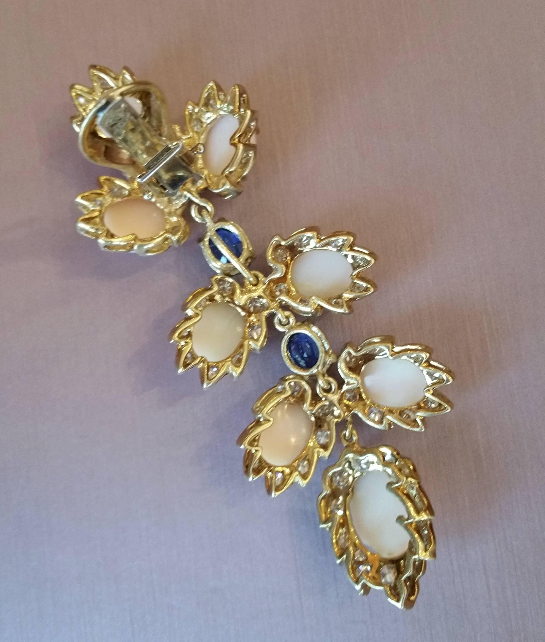 Women's Coral Sapphire Diamond Gold Drop Earrings  For Sale