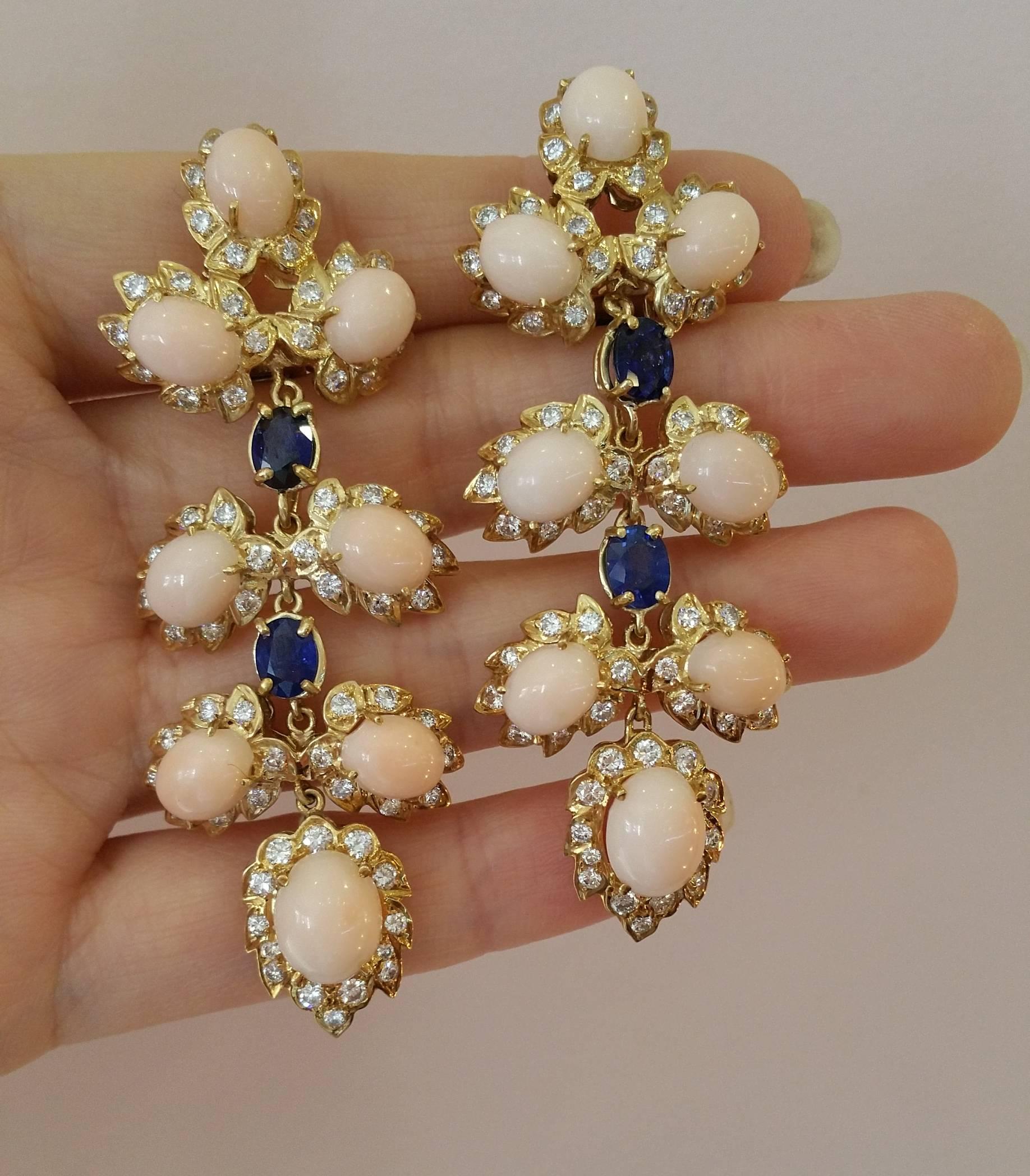 Coral Sapphire Diamond Gold Drop Earrings  For Sale 2