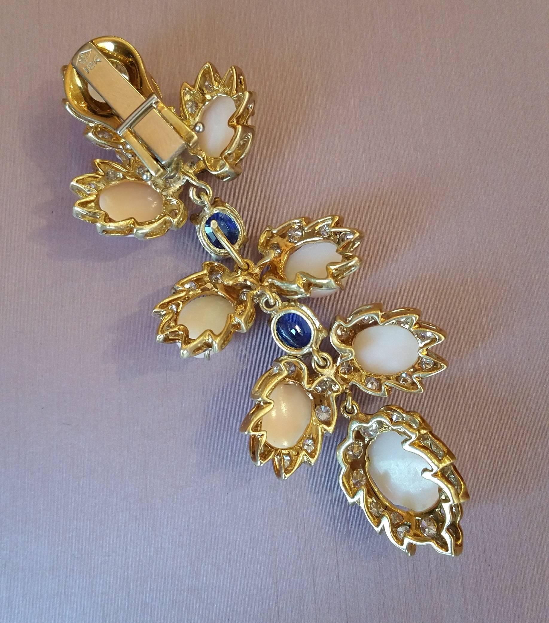 Coral Sapphire Diamond Gold Drop Earrings  For Sale 3