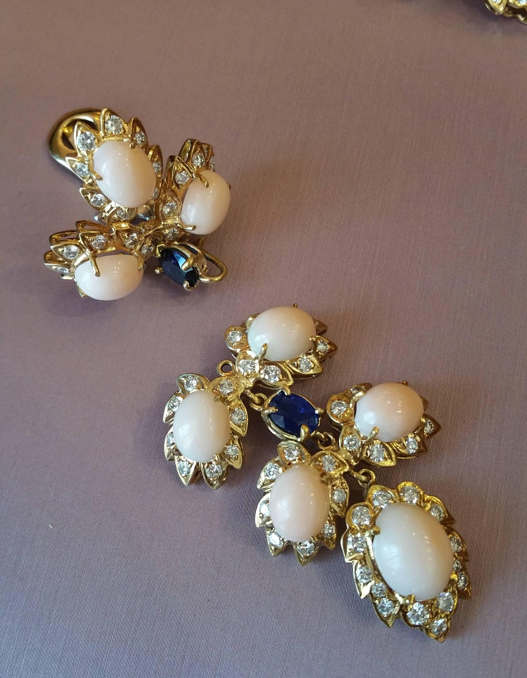 Coral Sapphire Diamond Gold Drop Earrings  In Excellent Condition For Sale In La Jolla, CA