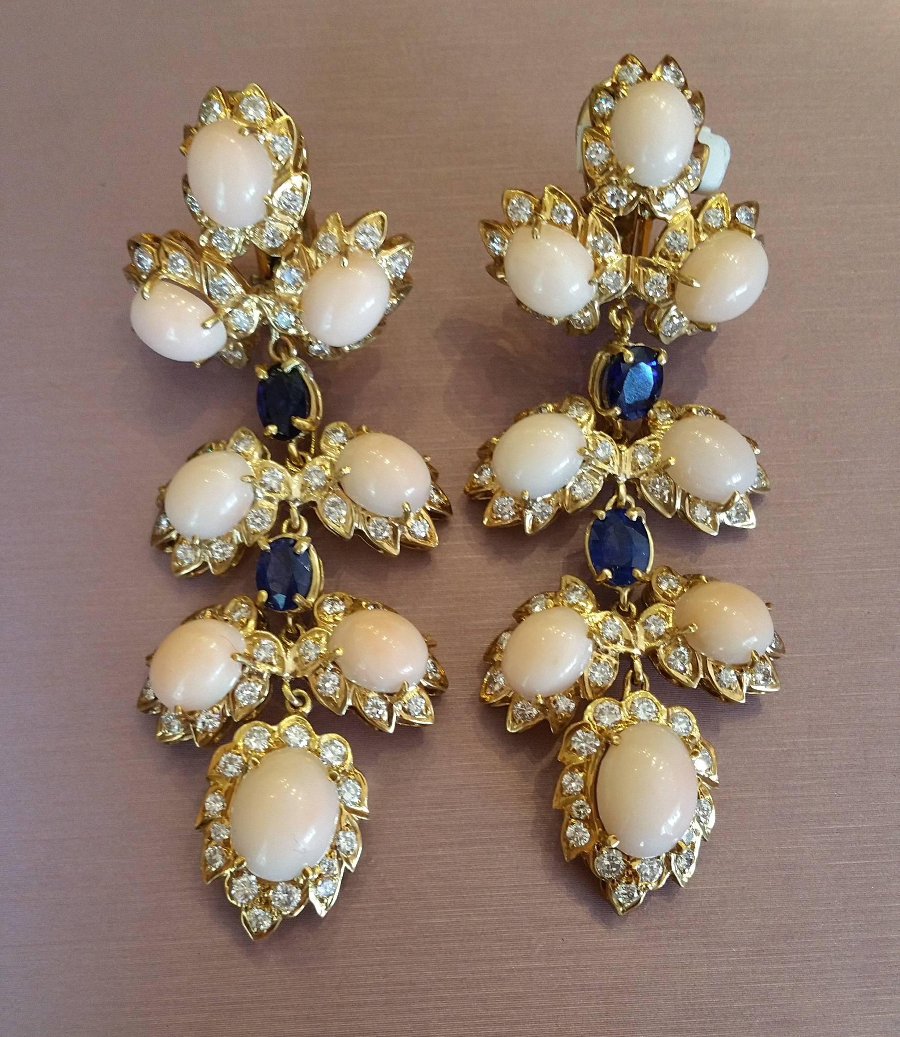 Coral Sapphire Diamond Gold Drop Earrings  For Sale 4