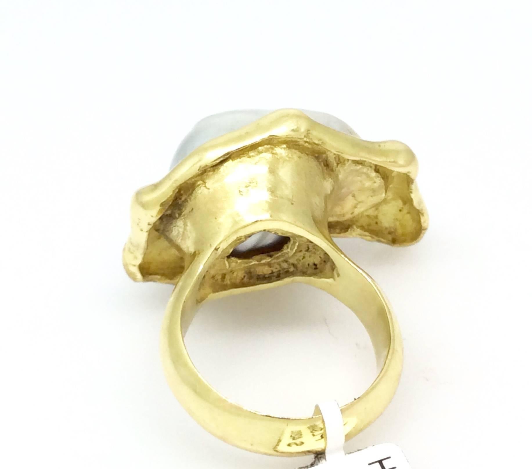 Women's Sculpted Woman Baroque Pearl Gold Ring  For Sale
