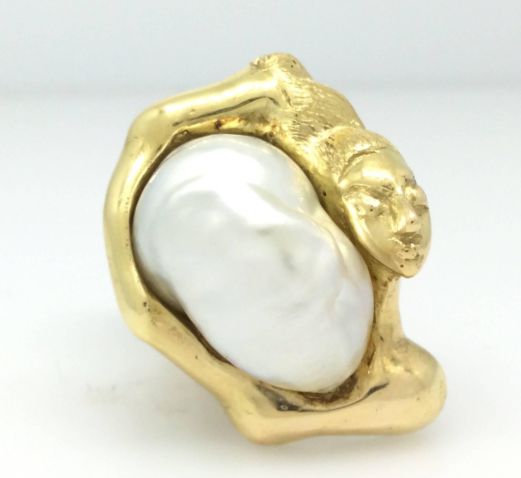 Sculpted Woman Baroque Pearl Gold Ring  In Excellent Condition For Sale In La Jolla, CA