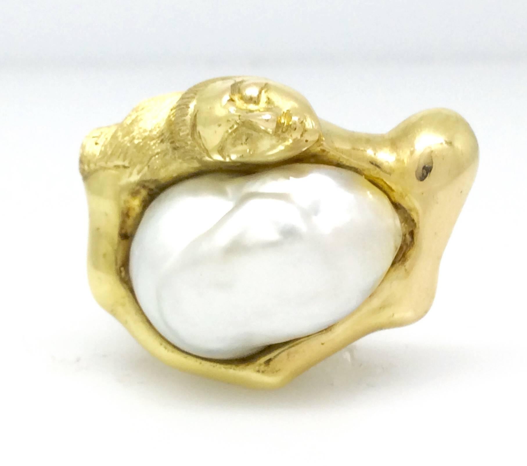 Sculpted Woman Baroque Pearl Gold Ring  For Sale 1