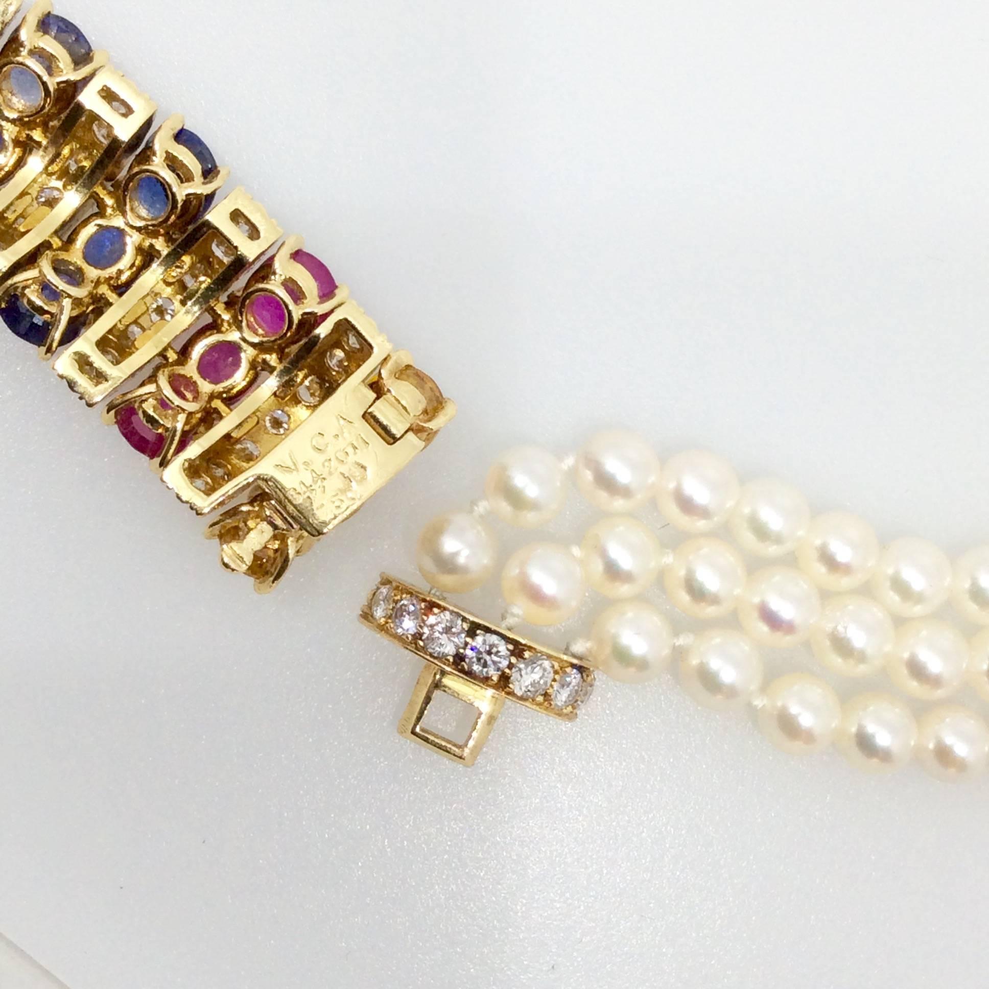 Van Cleef & Arpels Pearl Sapphire Diamond Gold Choker Necklace  In Excellent Condition In La Jolla, CA