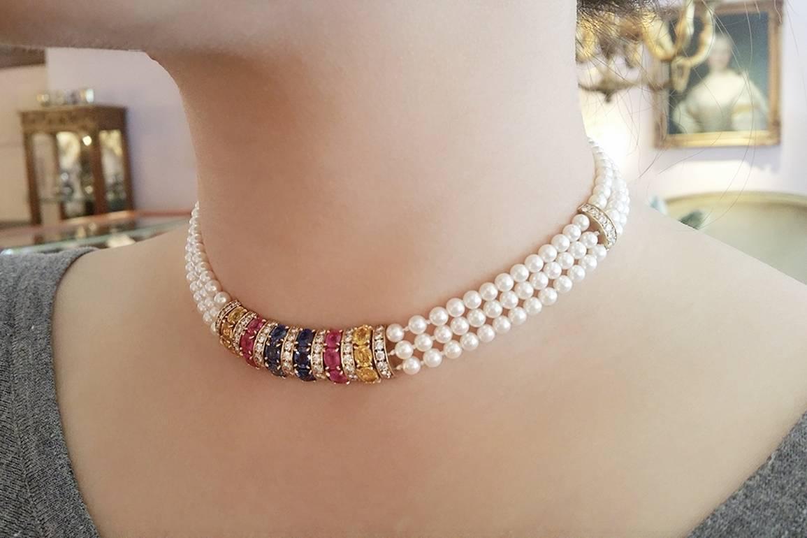 Van Cleef & Arpels Pearl Sapphire Diamond Gold Choker Necklace  3