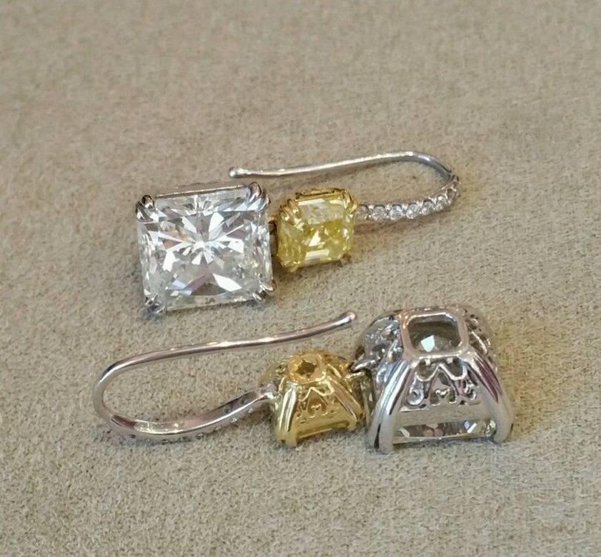 17.14 Carats GIA Cert Radiant and Fancy Yellow Asscher Cut Diamond Drop Earrings For Sale 2