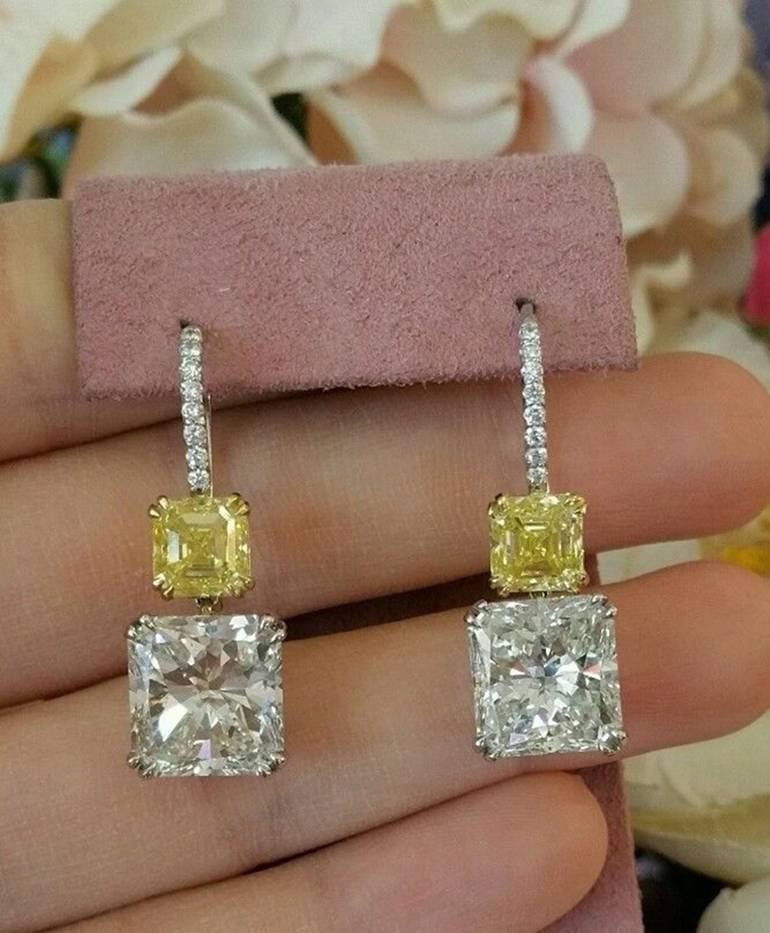 17.14 Carats GIA Cert Radiant and Fancy Yellow Asscher Cut Diamond Drop Earrings For Sale 3