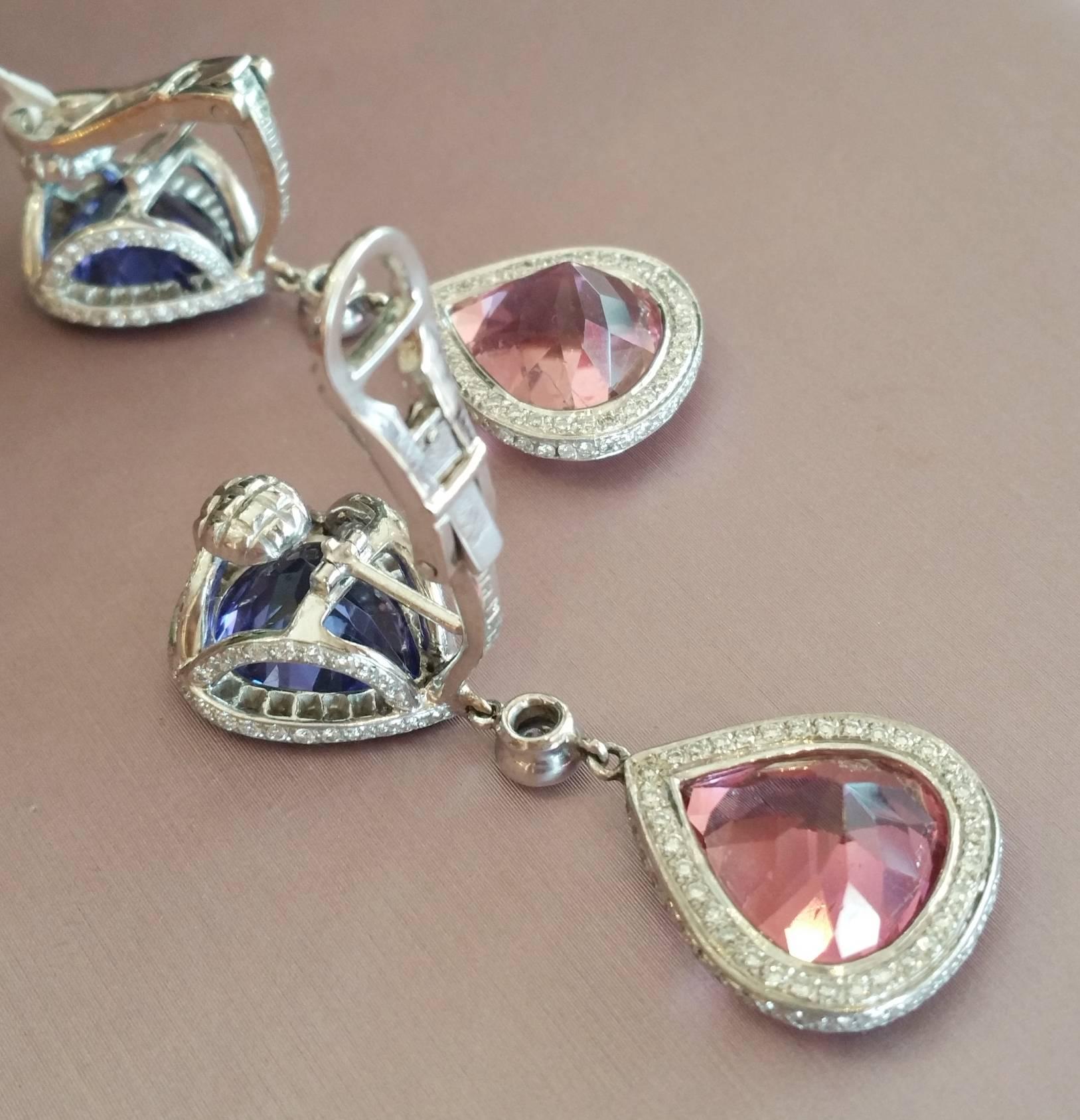 Laura Munder Tanzanite Pink Tourmaline Diamond Gold Drop Earrings 2