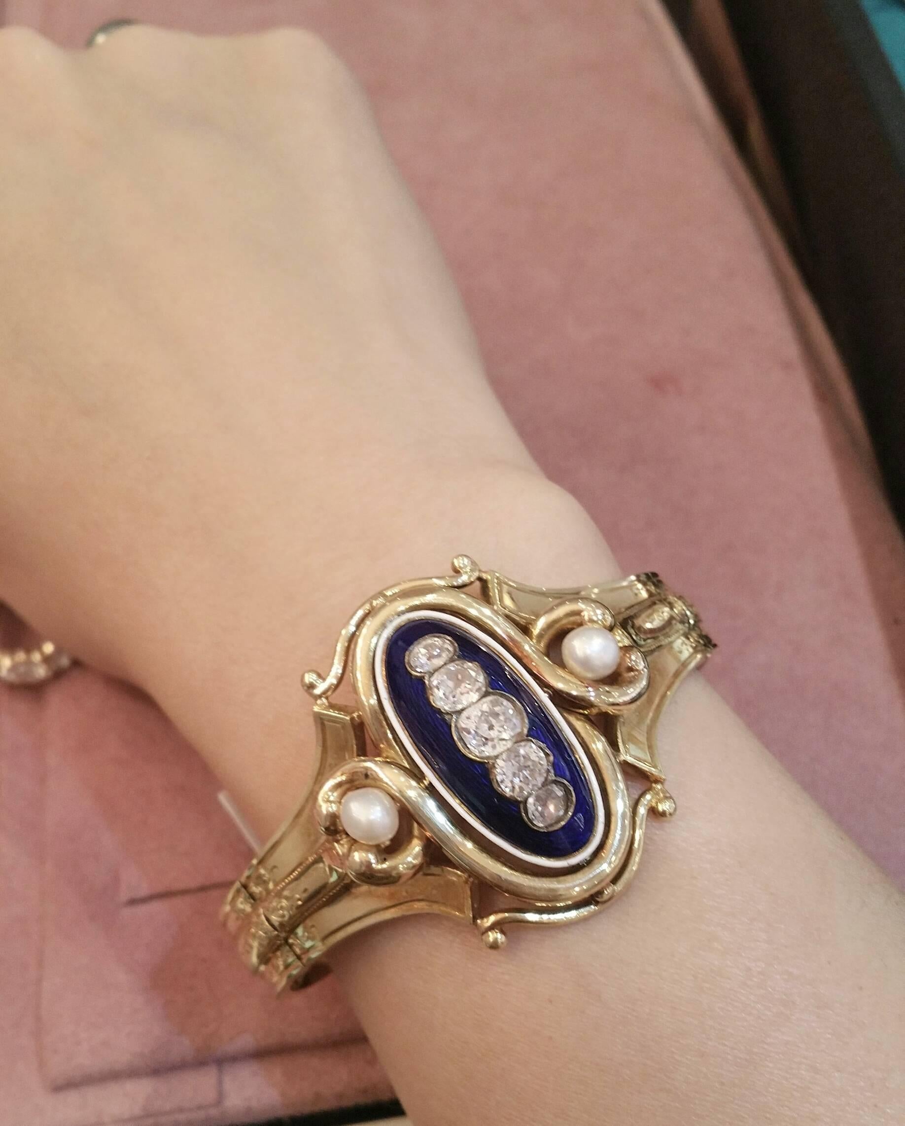 Women's French Victorian Enamel Pearl Diamond Gold Bracelet