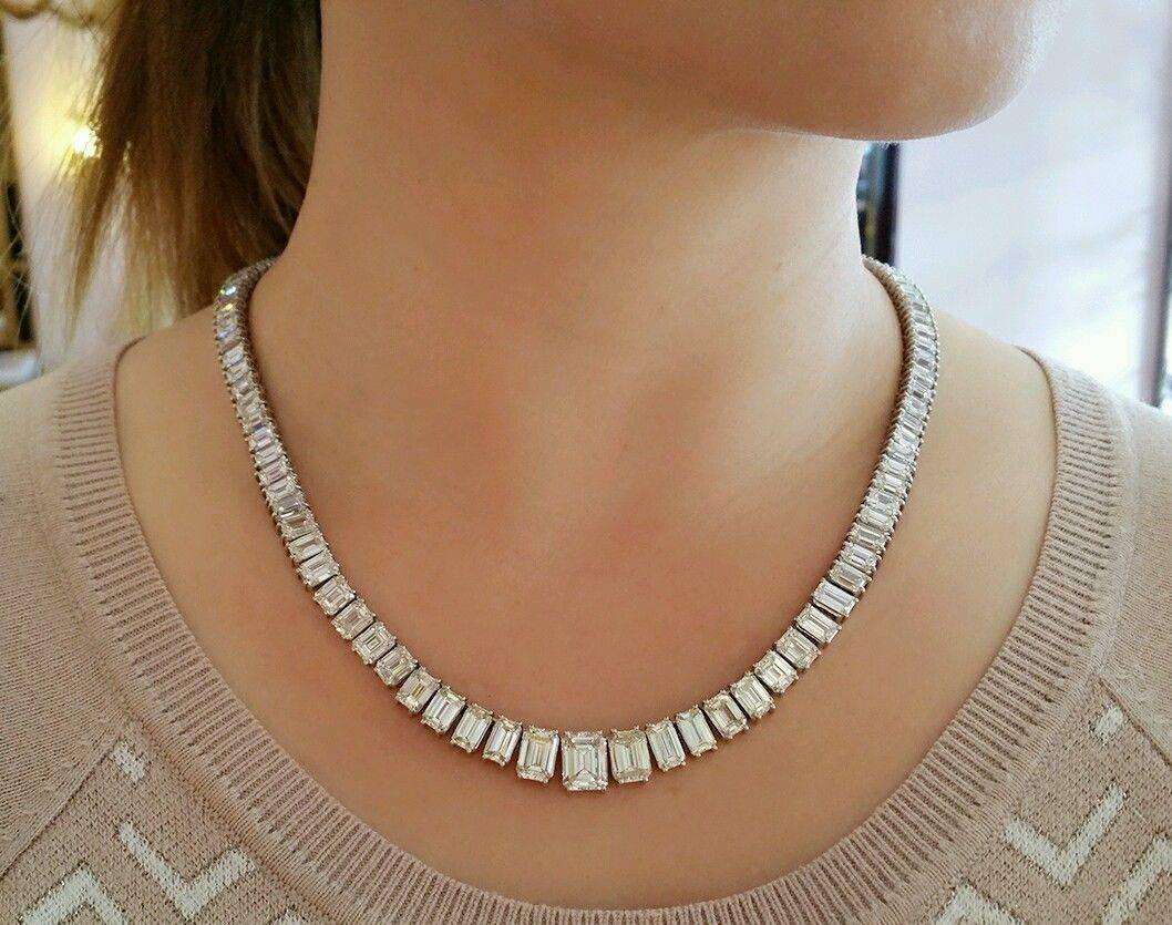 66.69 Carats Emerald Cut Diamonds Platinum Riviere Necklace  2