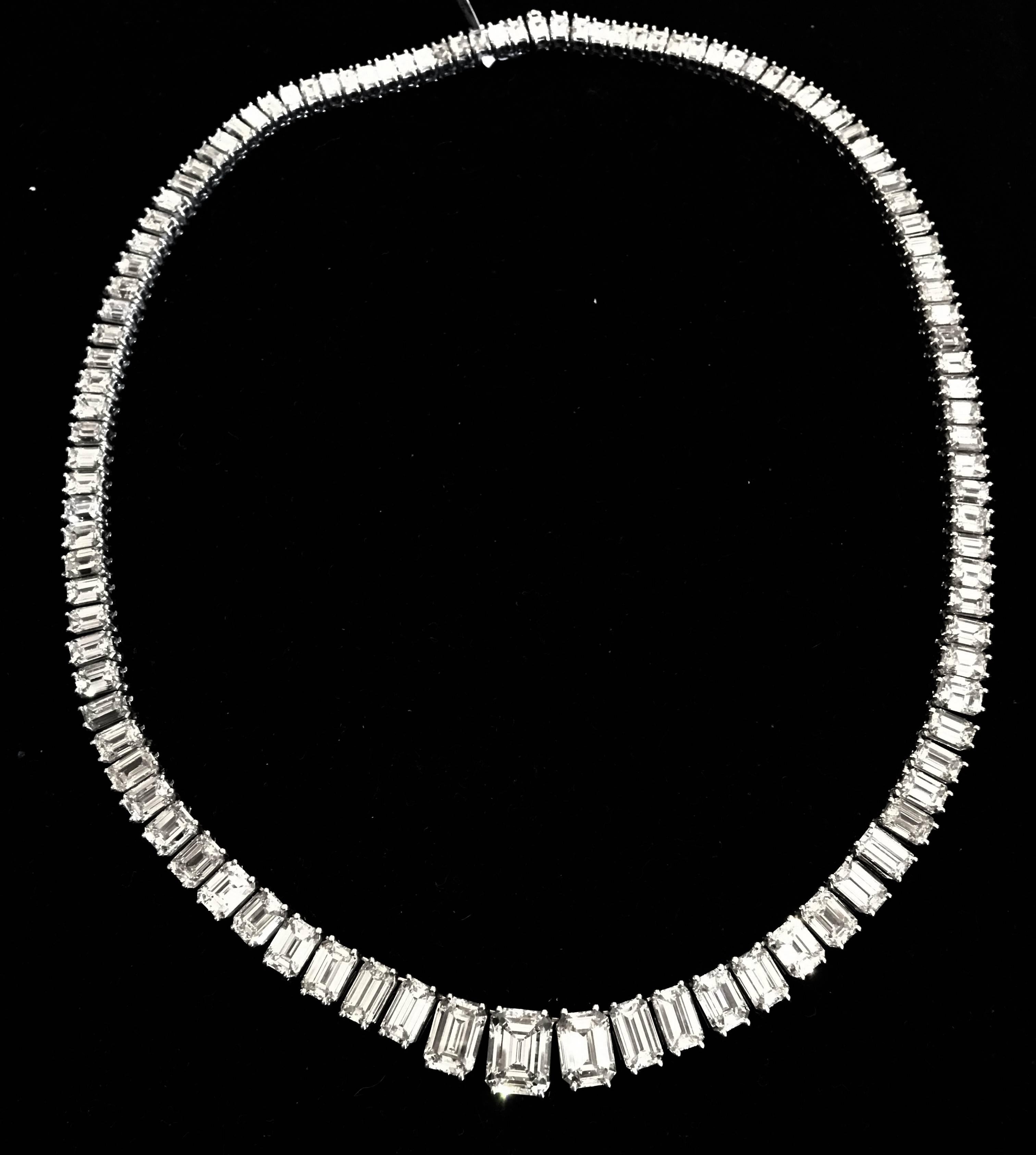66.69 Carats Emerald Cut Diamonds Platinum Riviere Necklace  3