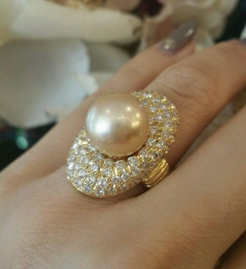 Golden South Sea Pearl Pave Diamond Gold Ring In Excellent Condition In La Jolla, CA
