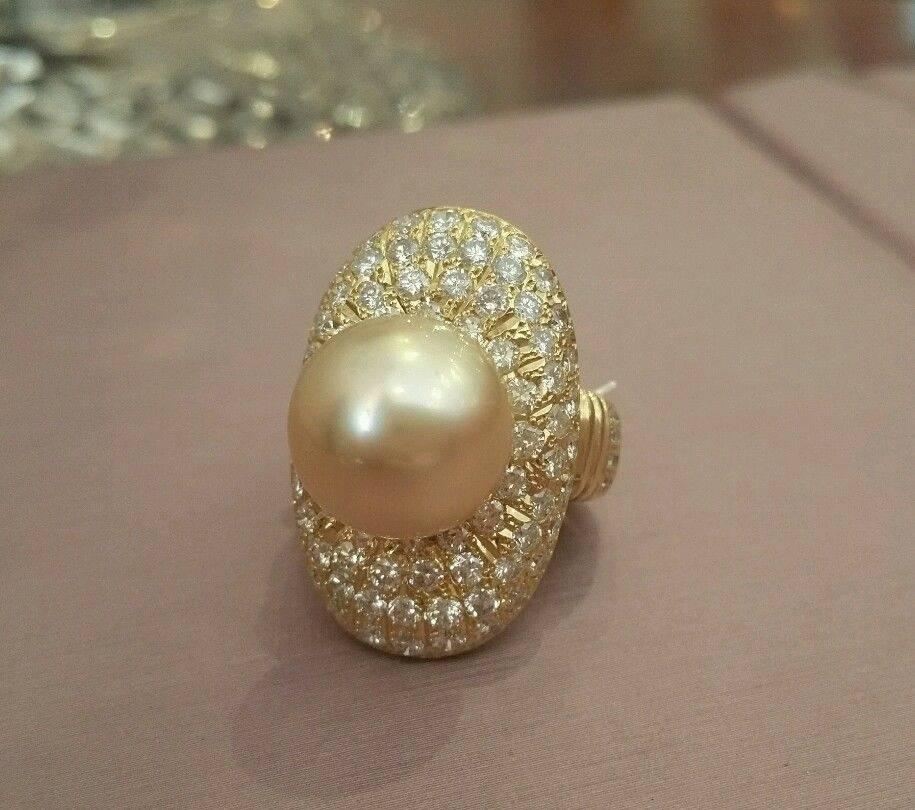 Golden South Sea Pearl Pave Diamond Gold Ring 1