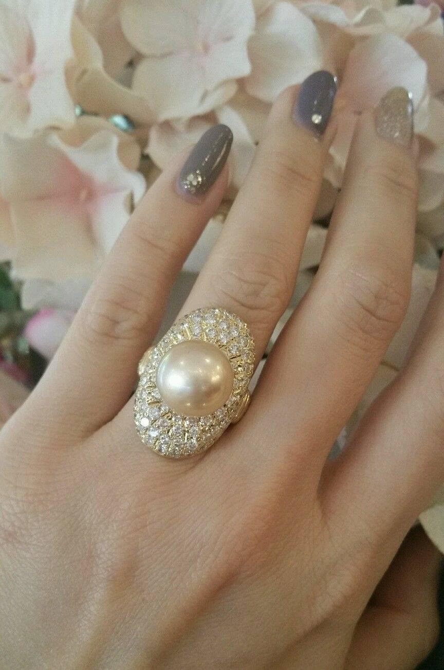 Women's Golden South Sea Pearl Pave Diamond Gold Ring