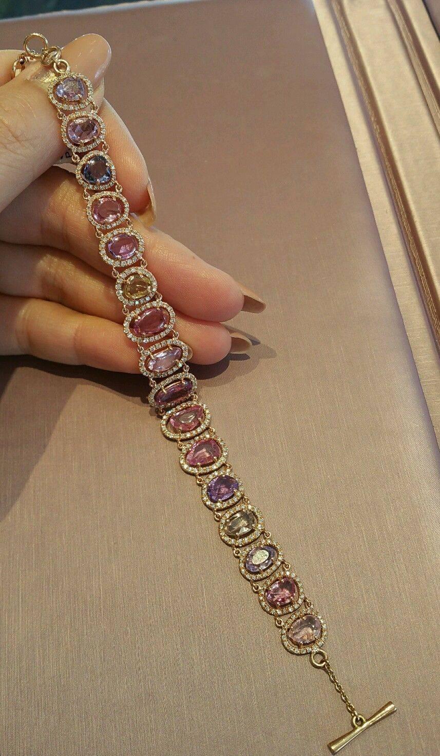 Multicolor Sapphire and Diamond Link Bracelet in 18k Gold 1