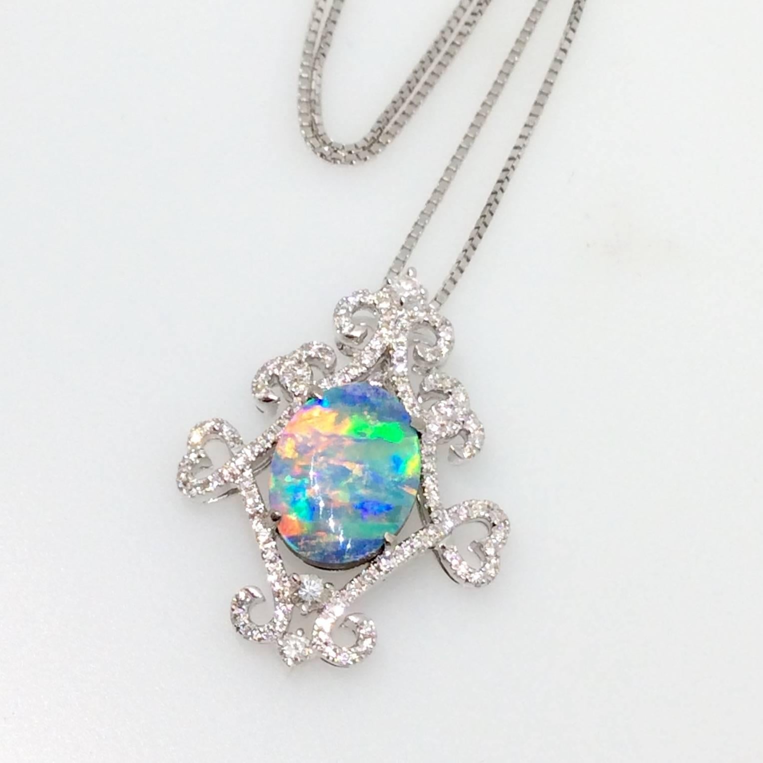 Black Opal Diamond Gold Pendant on Chain In Excellent Condition In La Jolla, CA