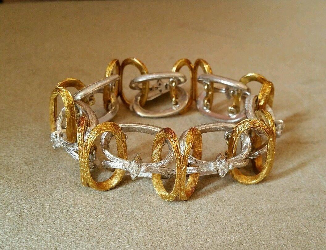 Loris Abate Two Color Textured Gold Link Bracelet with Marquise Diamonds 1