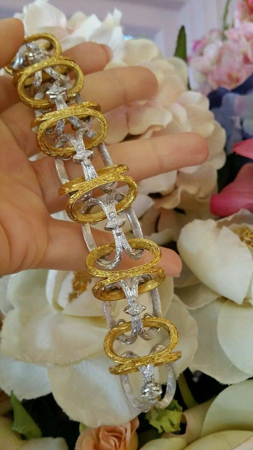 Loris Abate Two Color Textured Gold Link Bracelet with Marquise Diamonds 2