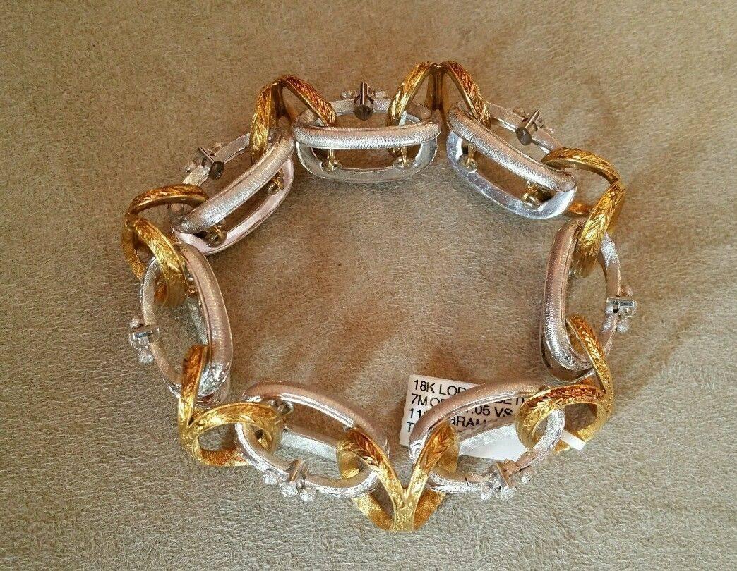 Loris Abate Two Color Textured Gold Link Bracelet with Marquise Diamonds 4