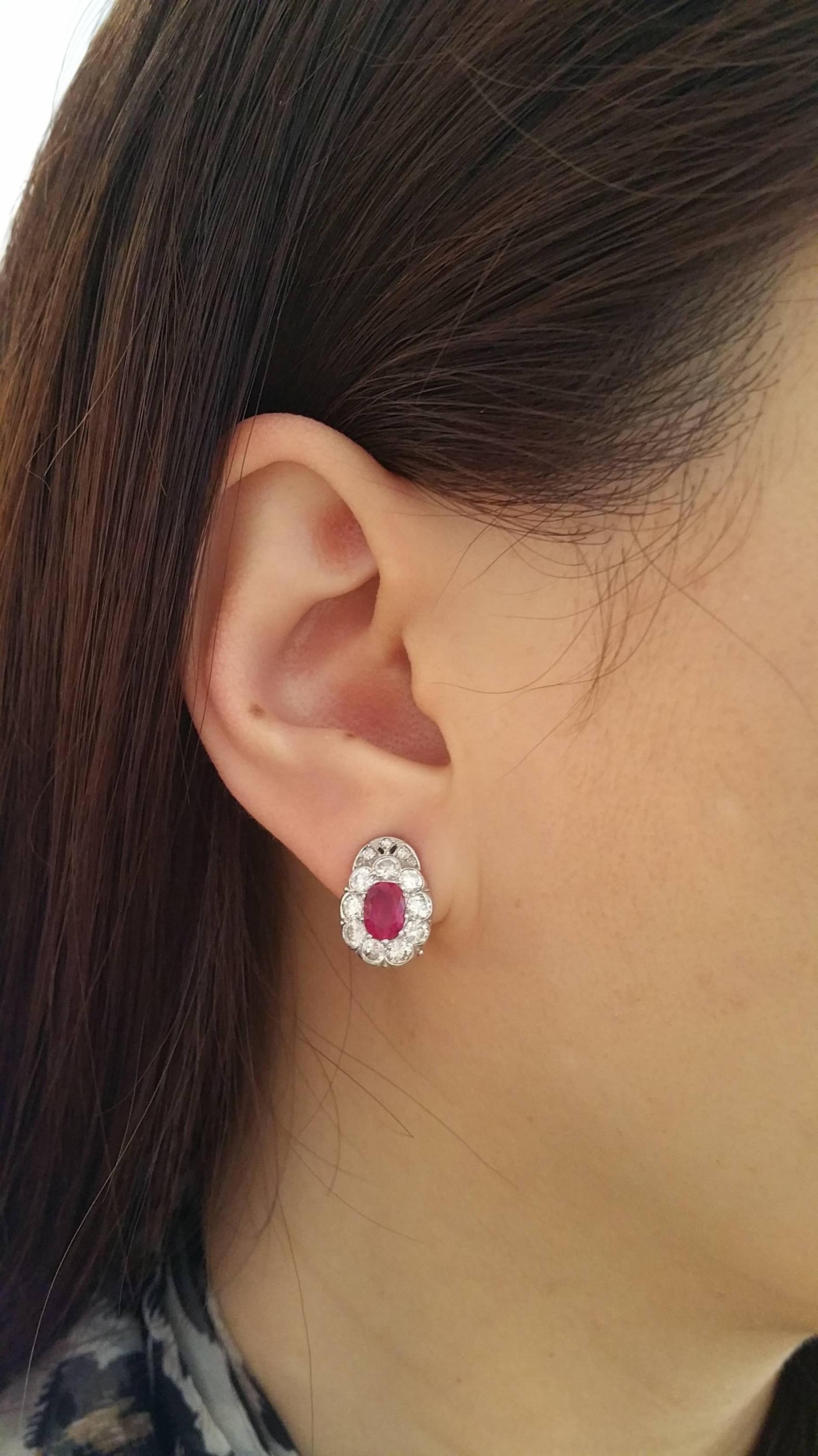 Oval Ruby Diamond Platinum Earrings  In Good Condition For Sale In La Jolla, CA