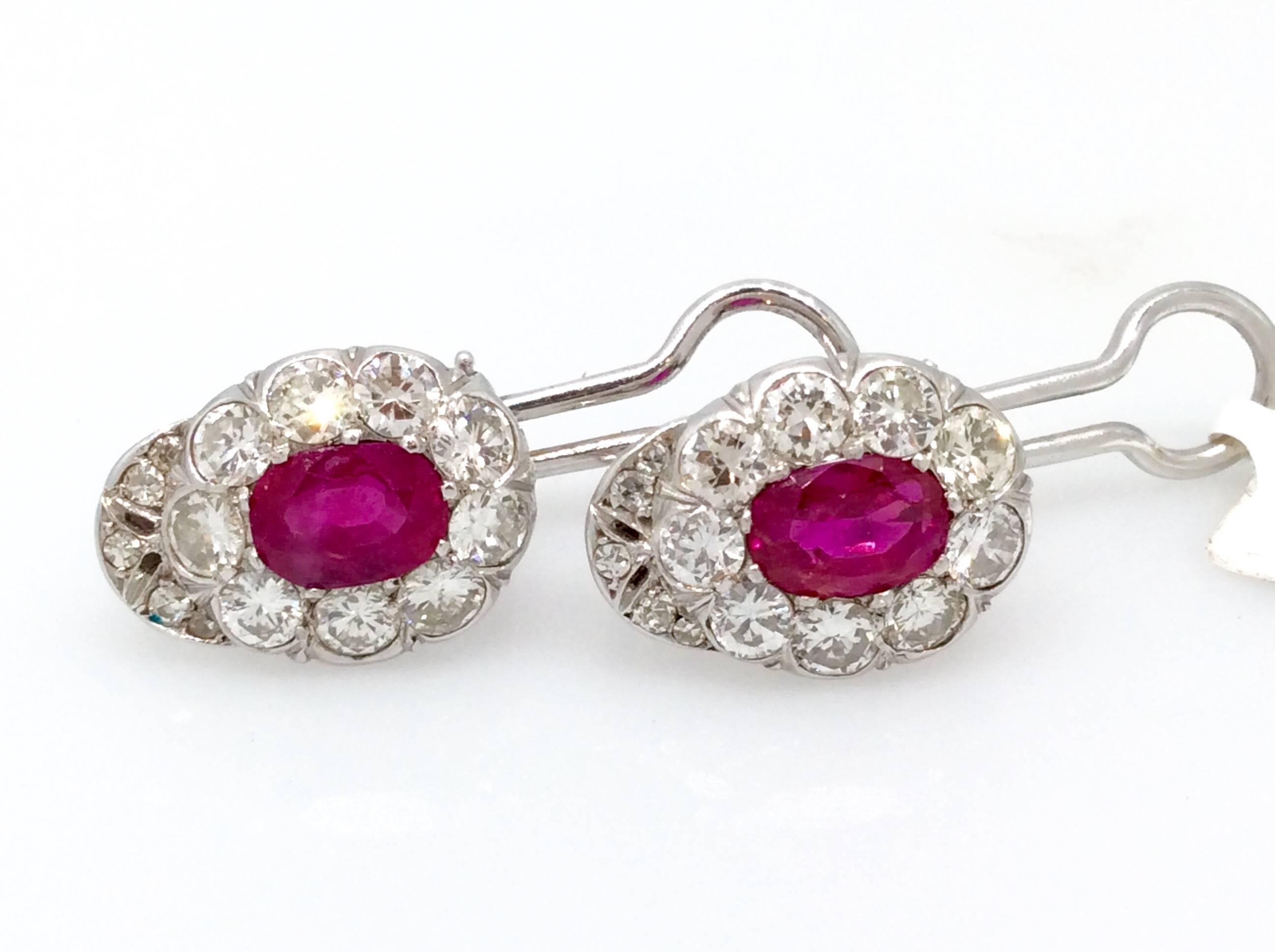 Oval Ruby Diamond Platinum Earrings  For Sale 1