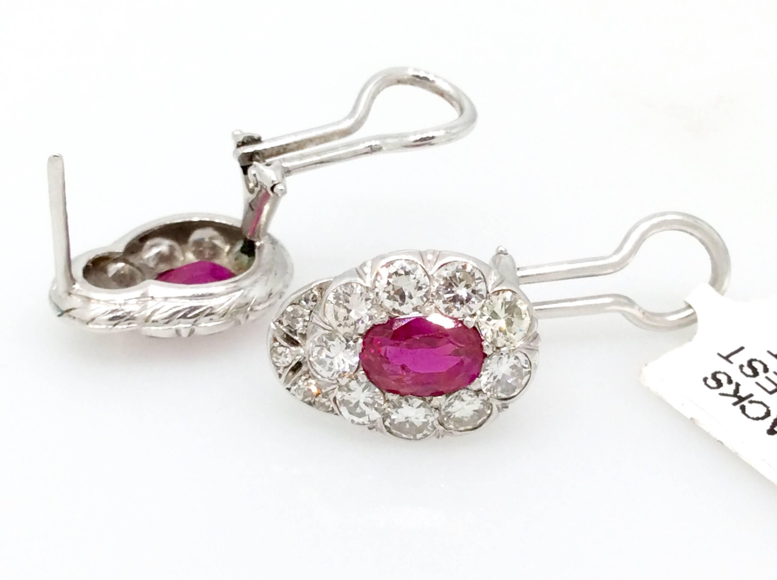 Oval Ruby Diamond Platinum Earrings  For Sale 2