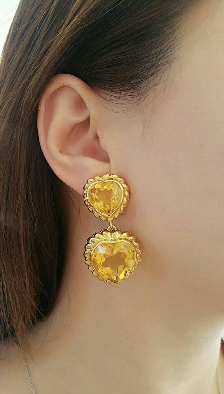 Fred Double Heart Citrine Gold Dangle Earrings  In Excellent Condition For Sale In La Jolla, CA