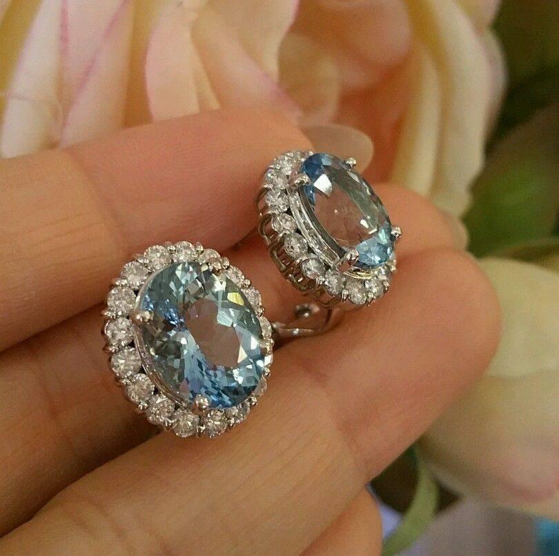 Aquamarine Diamond Platinum Halo Earrings In Excellent Condition For Sale In La Jolla, CA