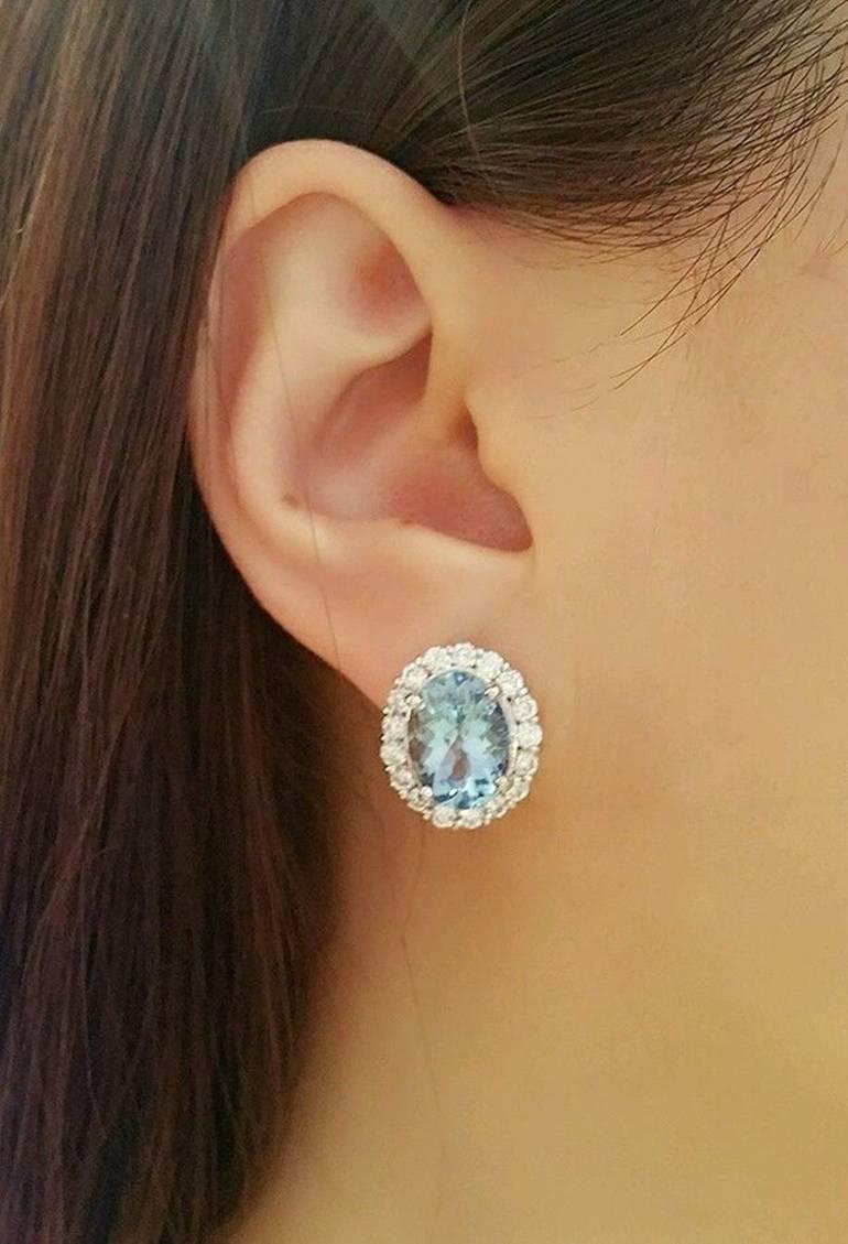 Aquamarine Diamond Platinum Halo Earrings For Sale 3