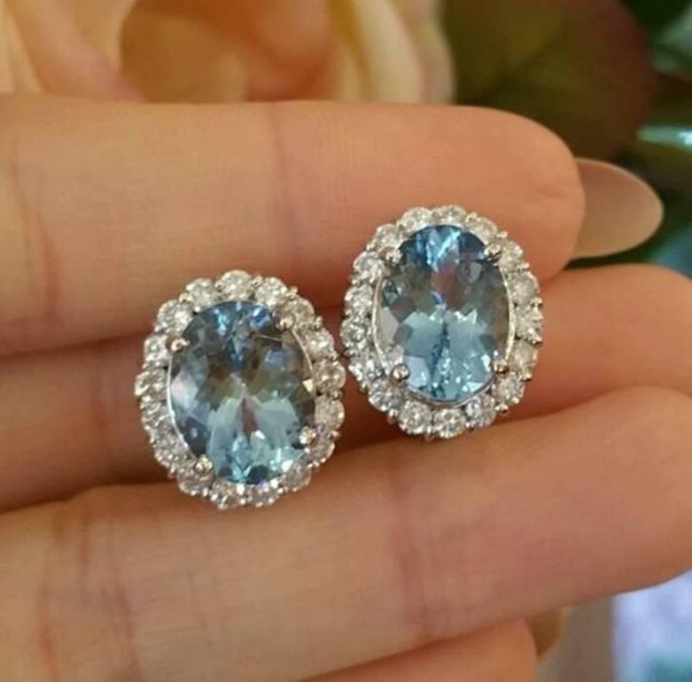 Aquamarine Diamond Platinum Halo Earrings For Sale 2