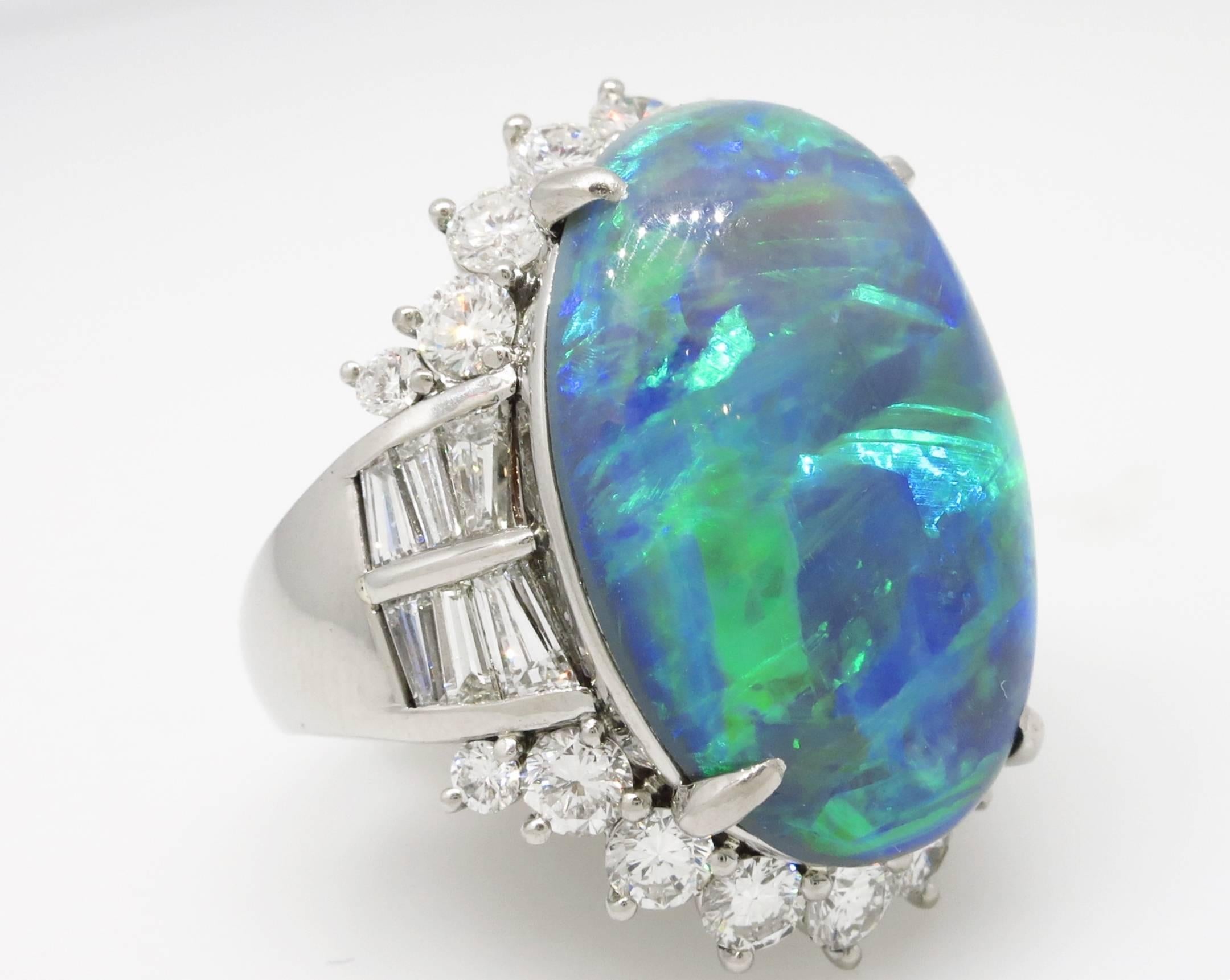 Large 14.91 Ct Oval Shaped Black Opal & Diamond Cocktail Ring in Platinum In Excellent Condition In La Jolla, CA