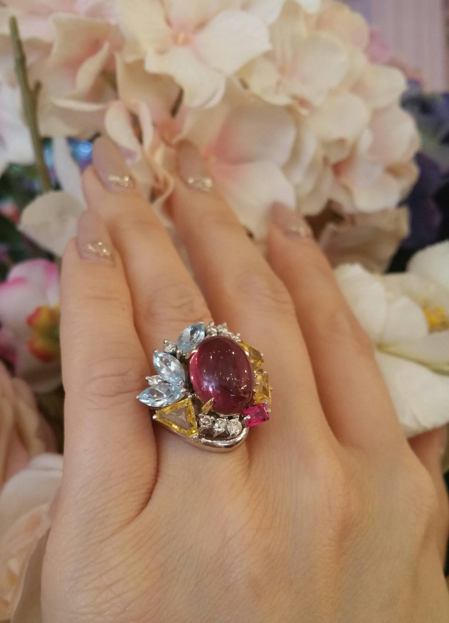 Pink Tourmaline Multi Gem Gold Platinum Cluster Ring In Excellent Condition For Sale In La Jolla, CA