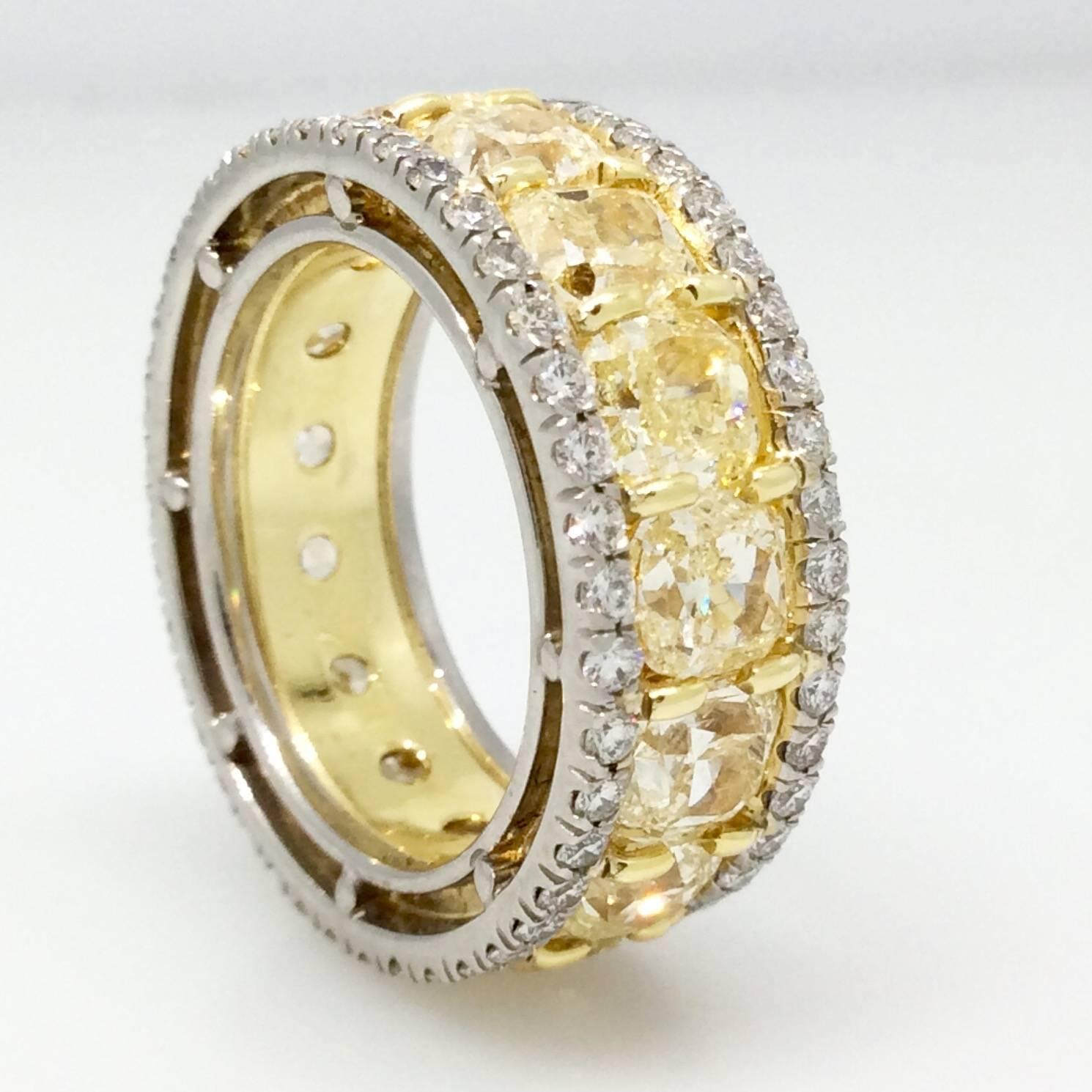 Cushion Yellow Diamond Eternity Ring in Platinum & 18k Yellow Gold In Excellent Condition In La Jolla, CA