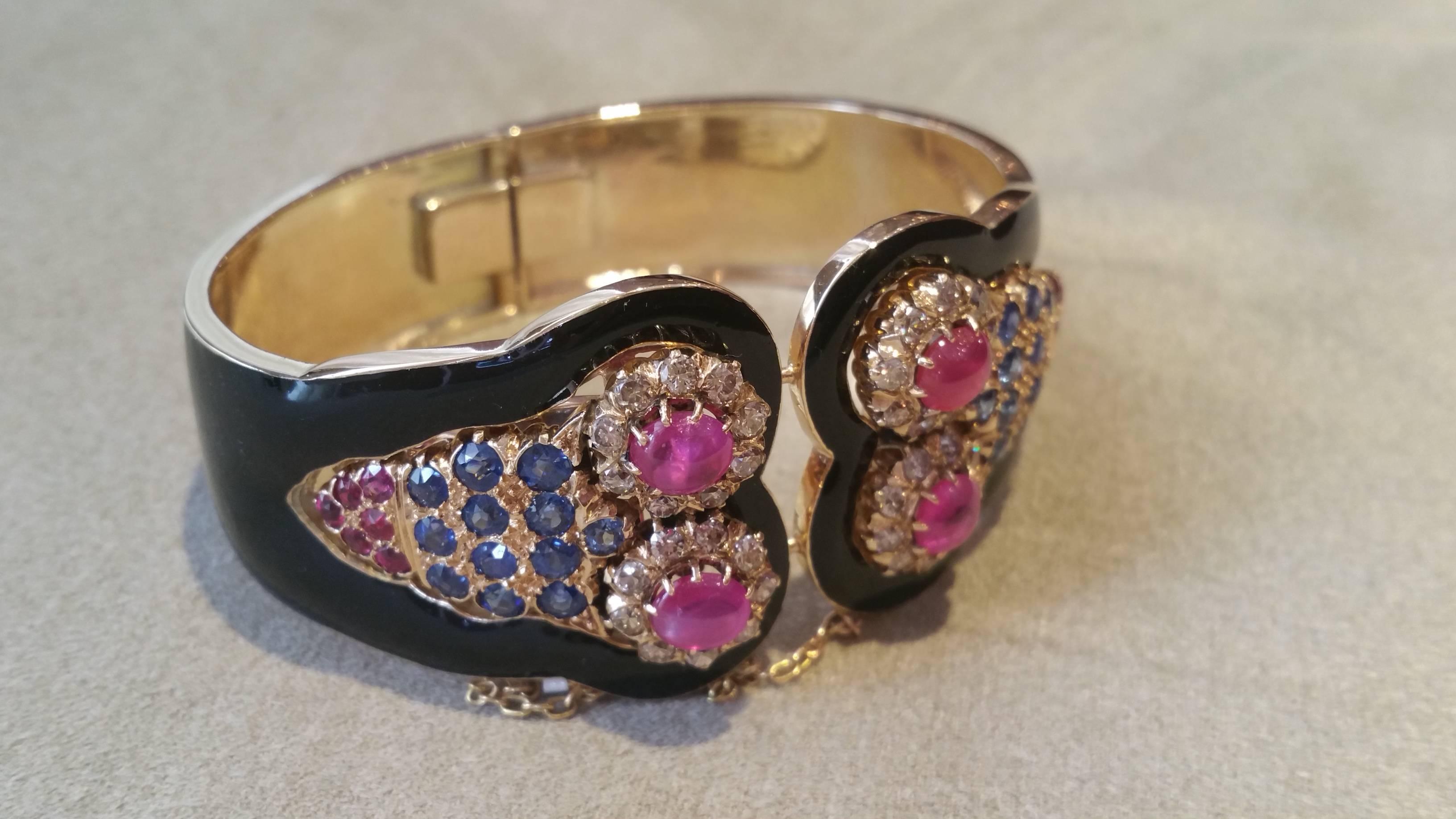 Antique Enamel Cuff Bracelet with Removable Dress Clips in 14 Yellow Gold In Excellent Condition In La Jolla, CA