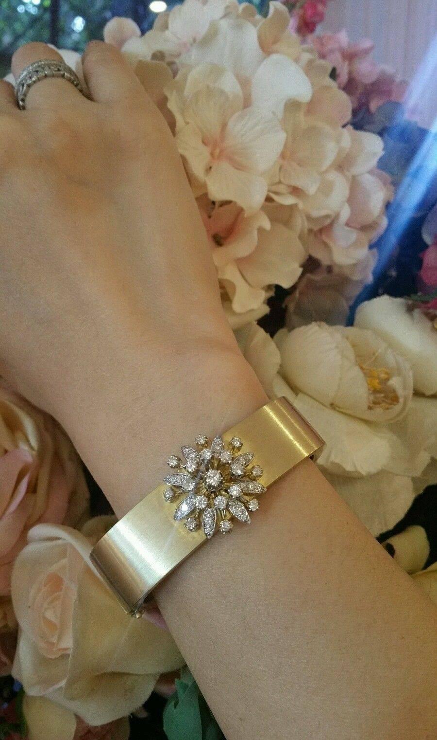 Vintage Wide Bangle with Diamond Floret in 14K Yellow Gold 2