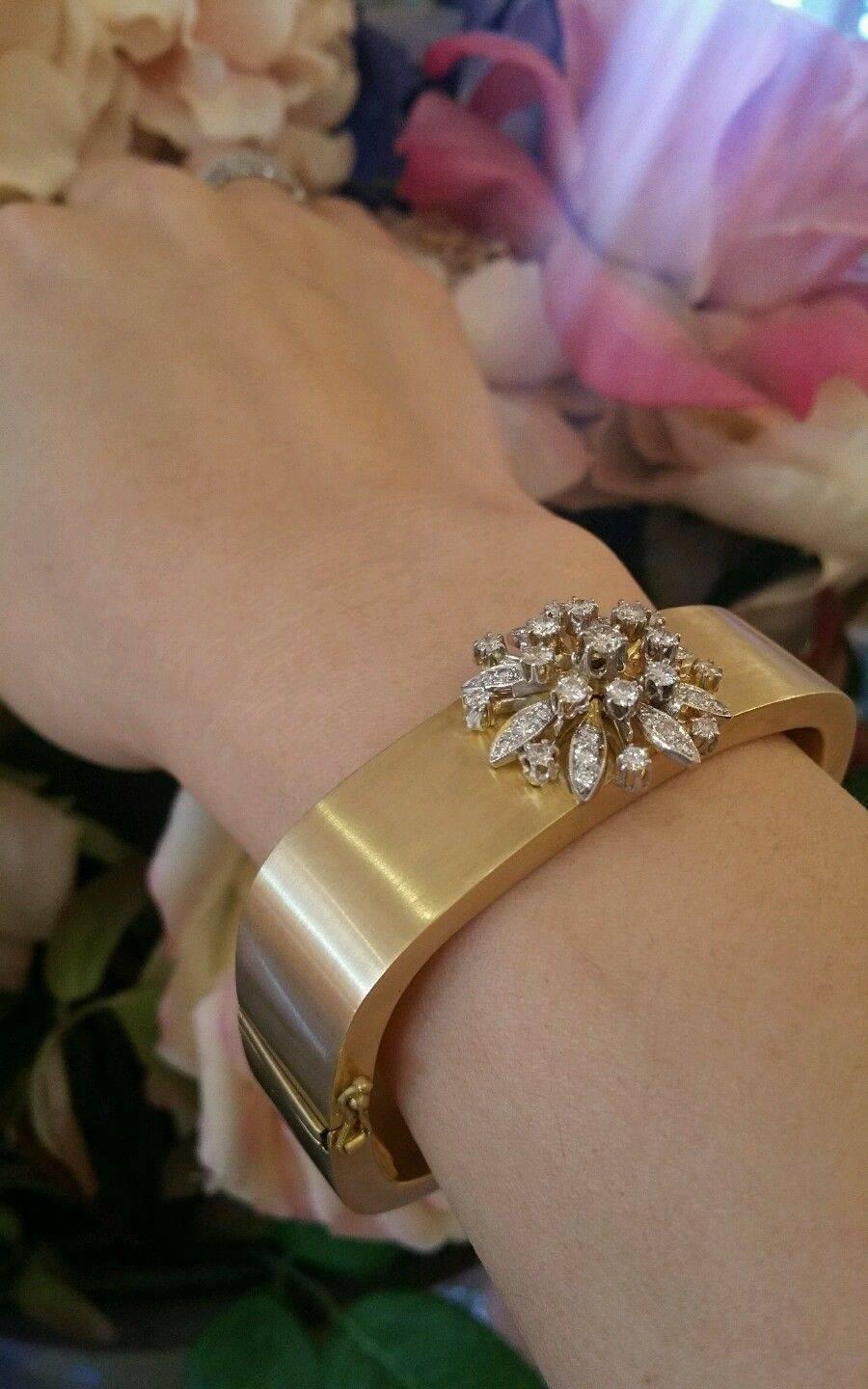 Vintage Wide Bangle with Diamond Floret in 14K Yellow Gold 1