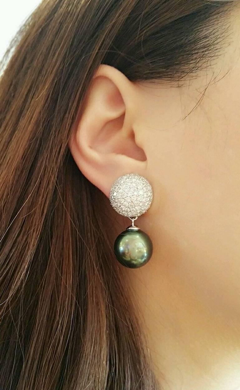 Diamond Pave Earrings with Black & White Tahitian Pearl in 18k and Platinum For Sale 3