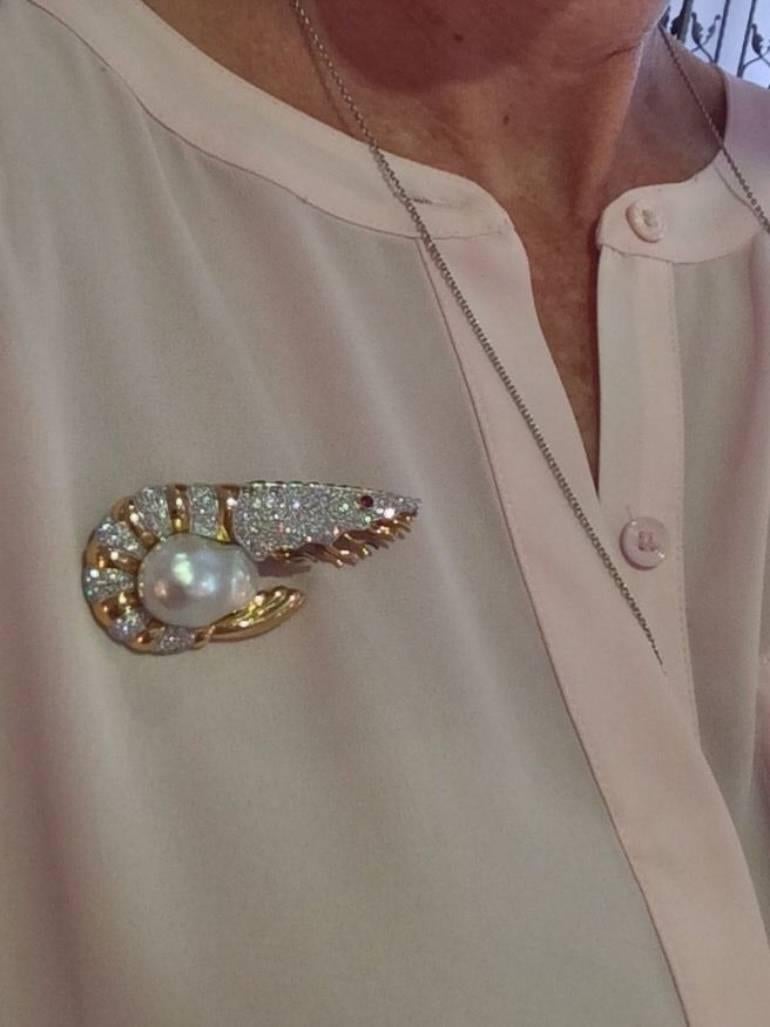 Diamond  Baroque Pearl Shrimp Brooch In Excellent Condition For Sale In La Jolla, CA